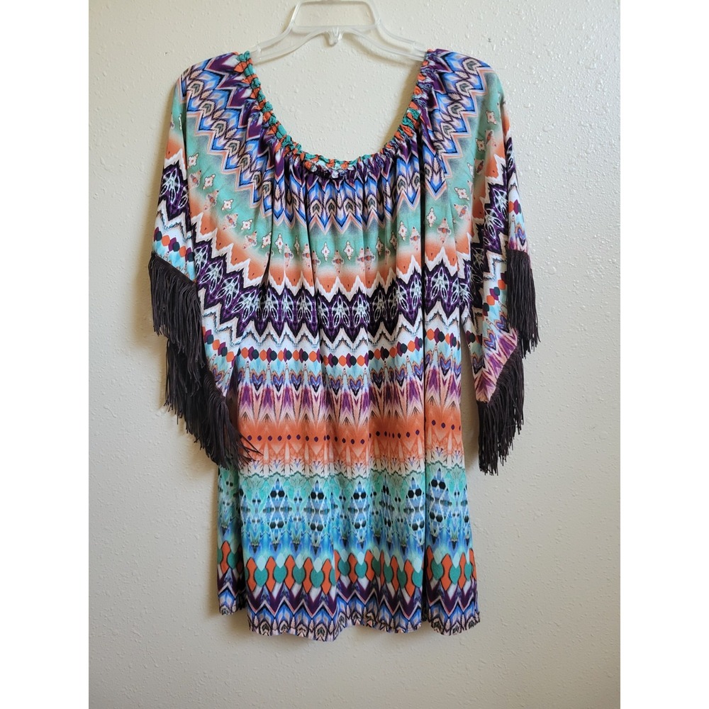 Uncle Frank Women's Boho Tunic Top 3/4 Sleeve Medium Chevron Print Fringed Hem